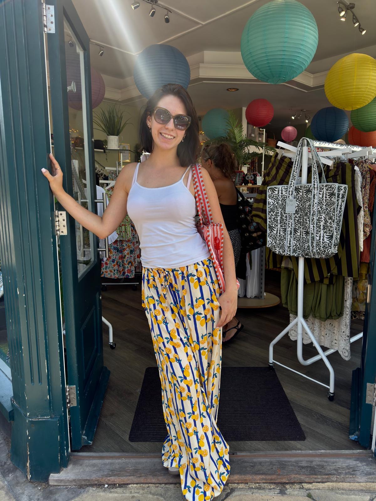 Lemon & Stripe Print Wide Trousers