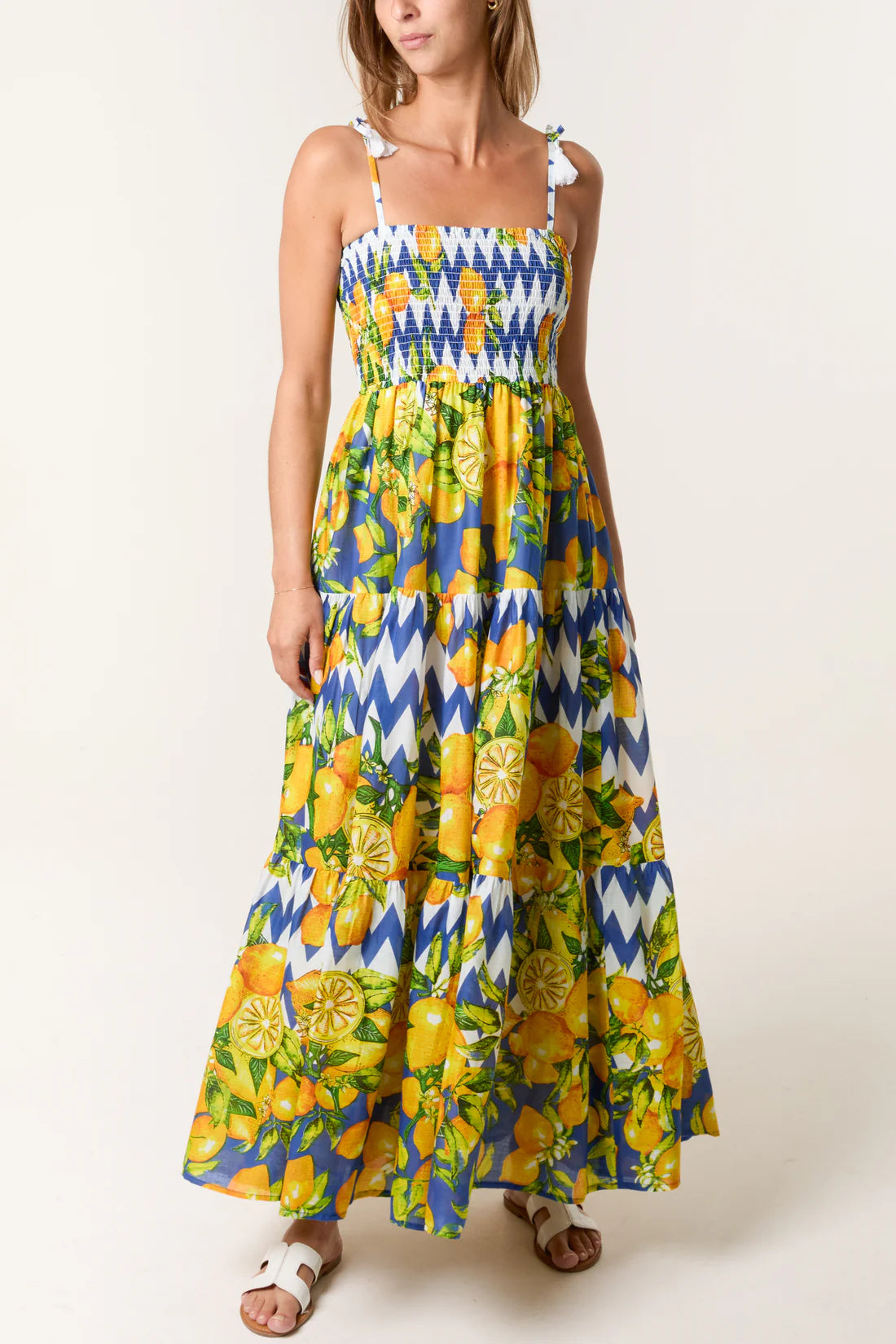 Scala Lemon Print Shirred Bandeau Maxi Sun Dress - Blue & Yellow