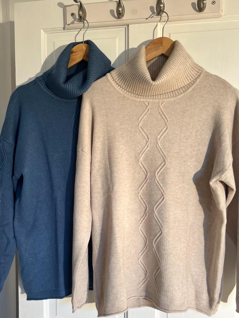 Sandy Soft Central Cable Roll Neck Jumper - Denim Blue or Warm Beige