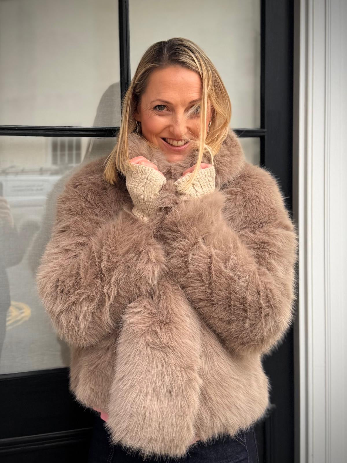 Isla Luxe Faux Fur Jacket With Large Shawl Collar - Taupe