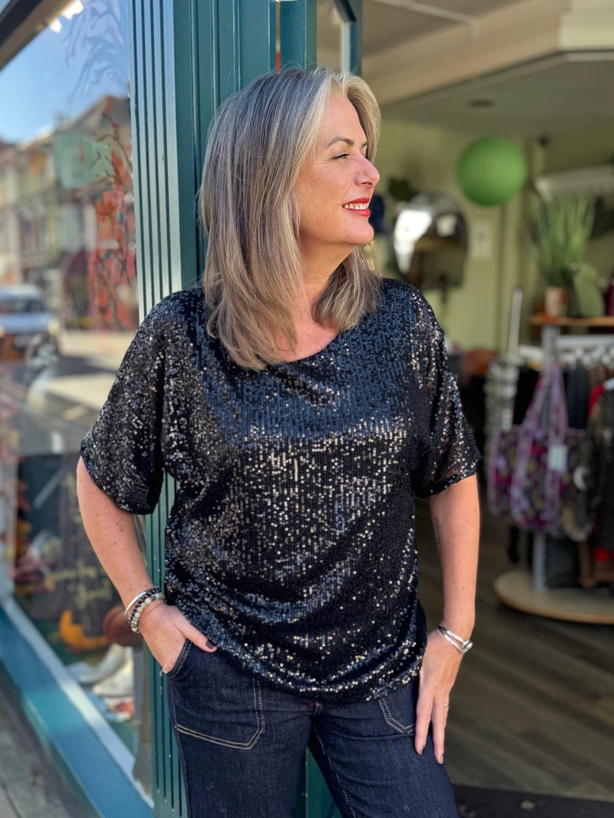 Sara Sequin T Shirt Top - Black or Burgundy Wine
