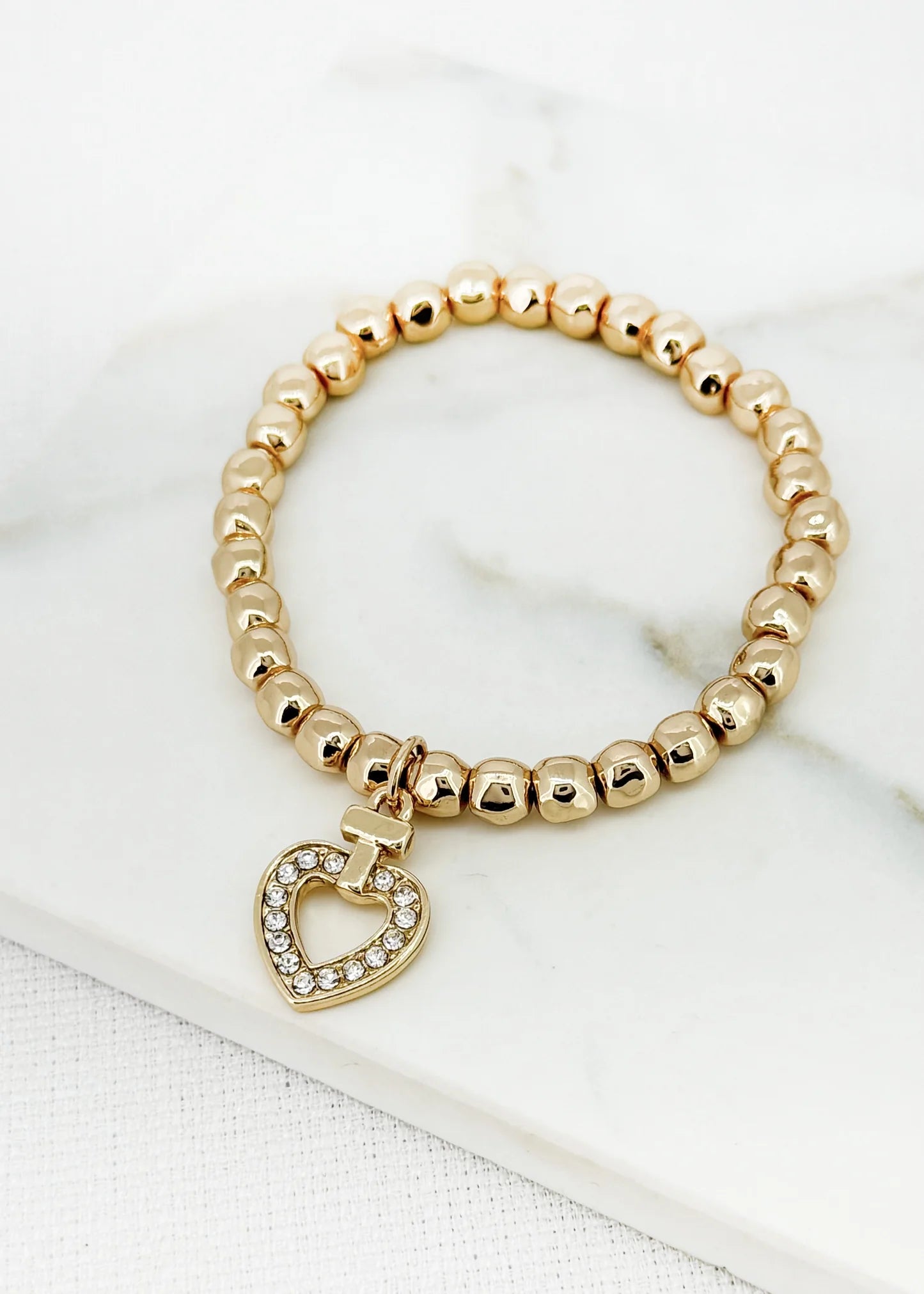 Envy Jewellery Gold Or Silver Stretch Beaded Bracelet With Large Diamanté Heart Charm