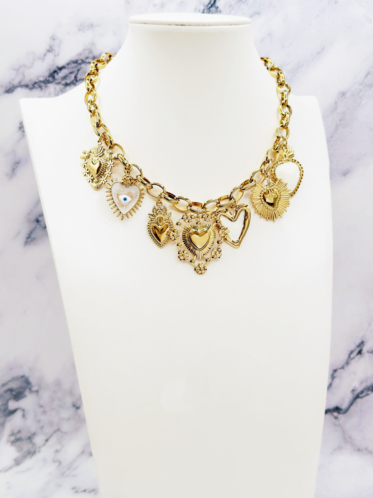 Chunky Gold Sacred Heart Style Charm Necklace
