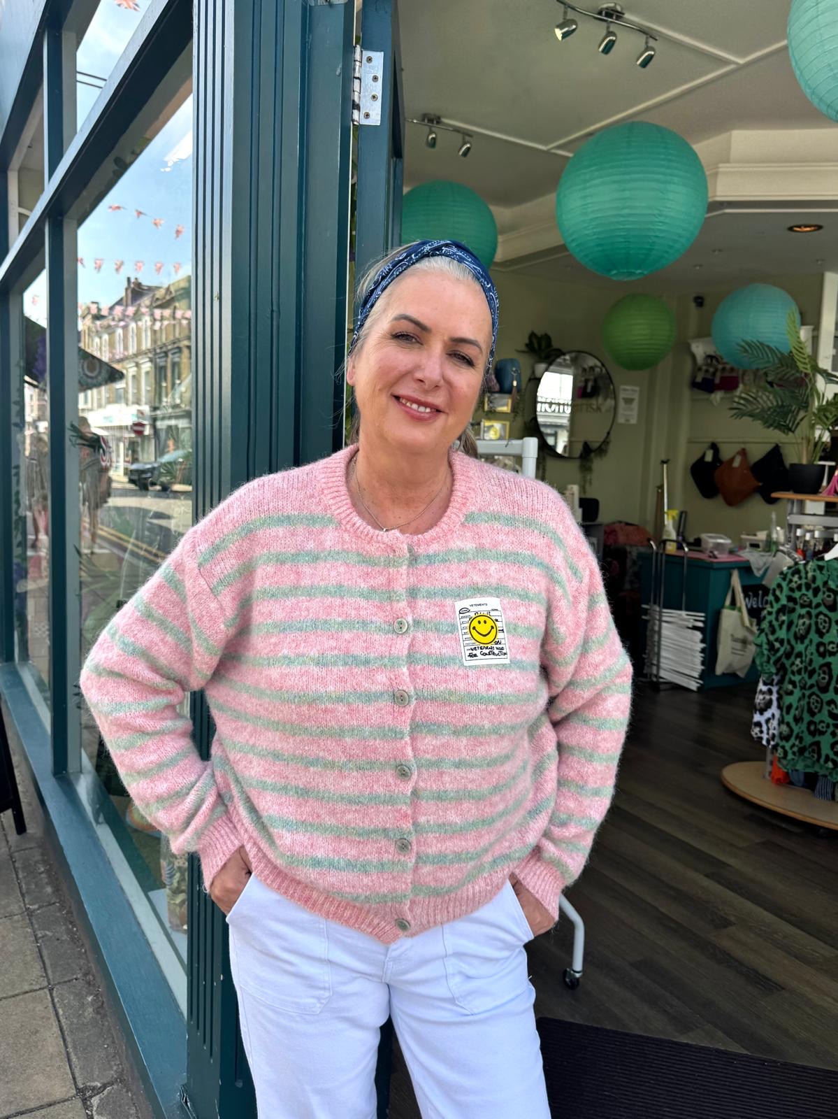 Amanda Striped Fluffy Cardigan- Mint Green & Pastel Pink Stripe