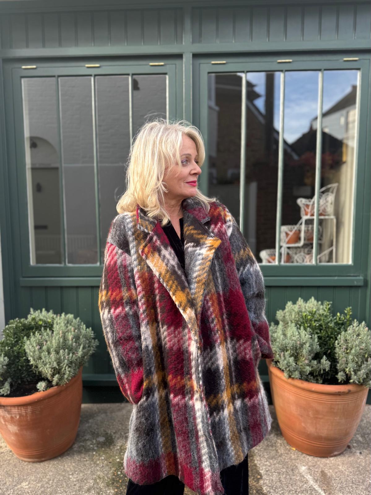 Wool Blend Tartan Style Checked Coat - Burgundy, Mustard & Grey Check