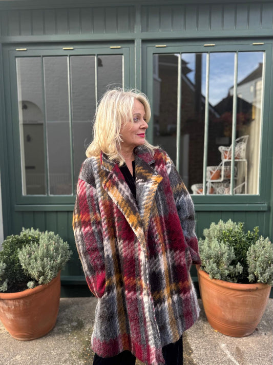 Wool Blend Tartan Style Checked Coat - Burgundy, Mustard & Grey Check