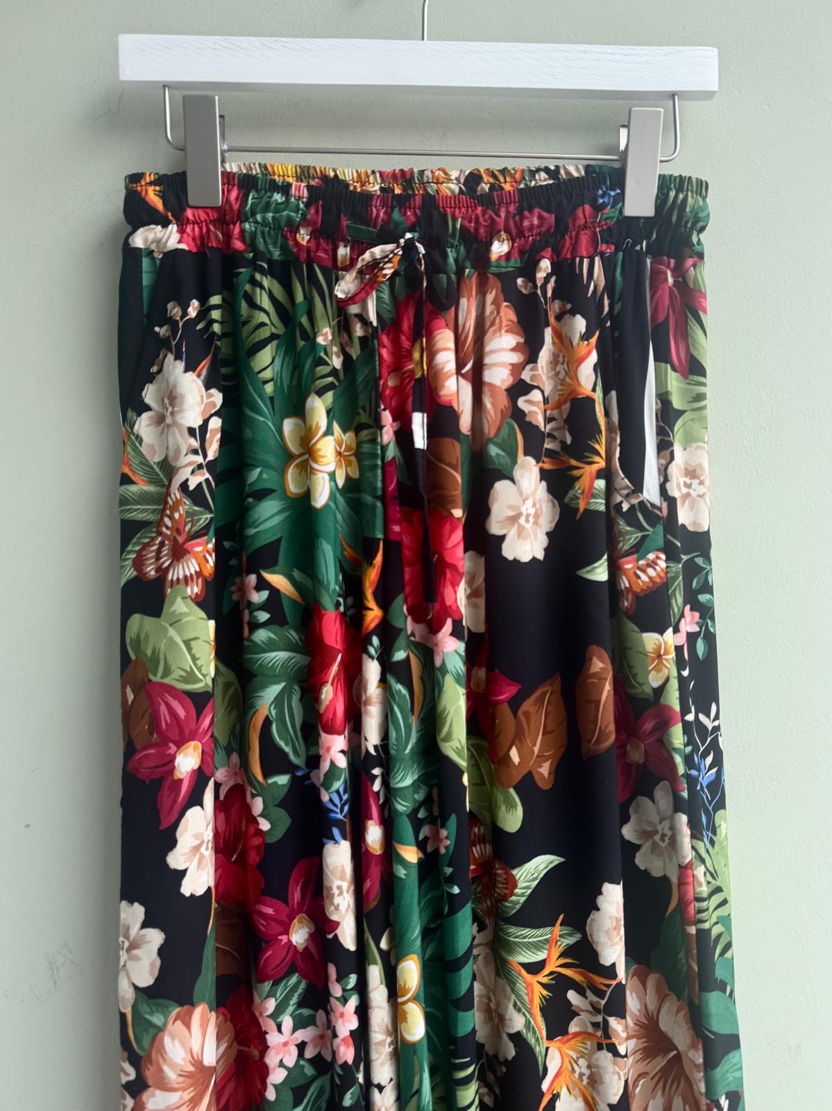 Ivy Black Floral Wide Leg Trousers With Stripe Border
