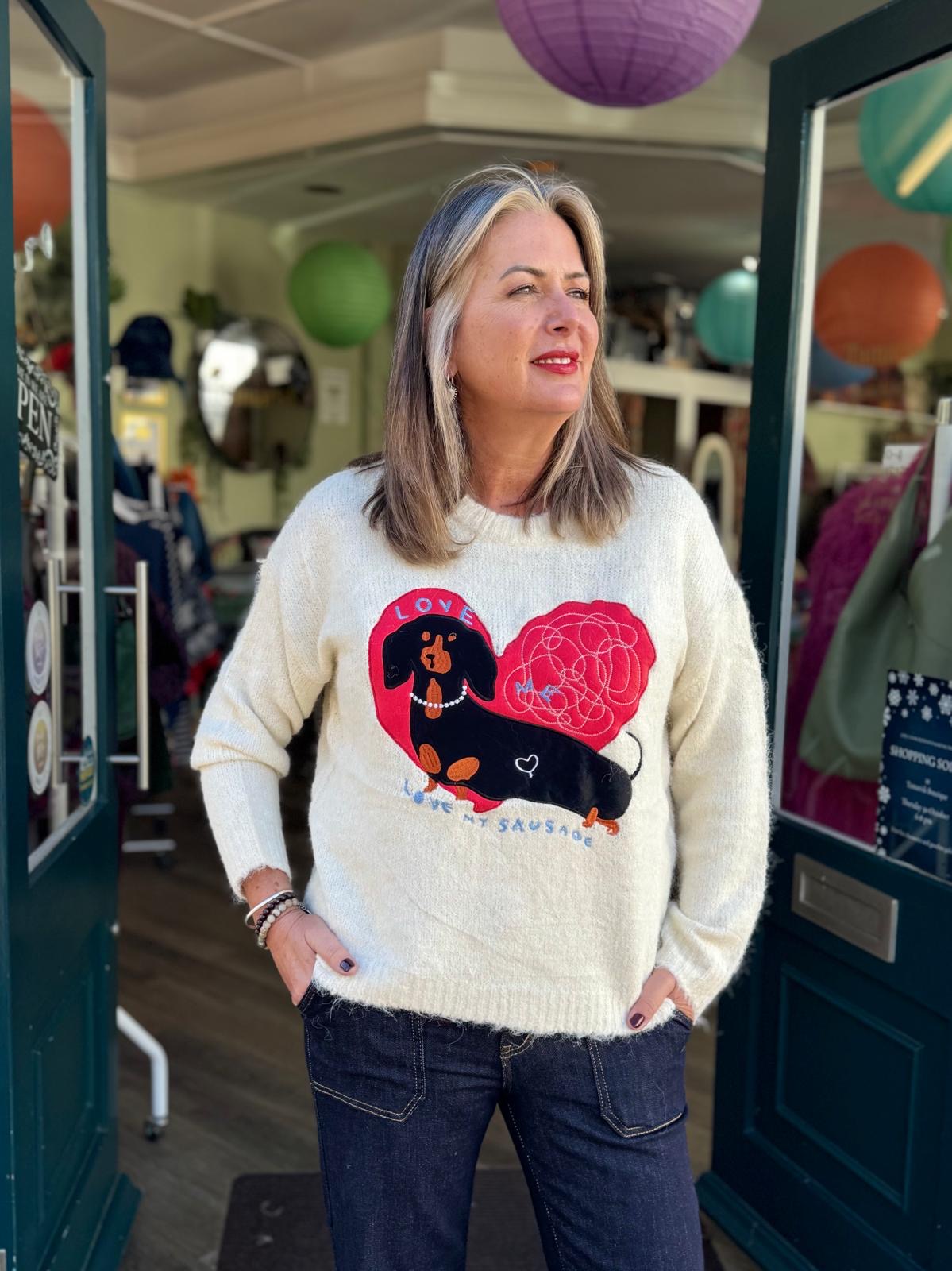 Love Me, Love My Sausage Dachshund Sausage Dog Wool Blend Jumper - Cream