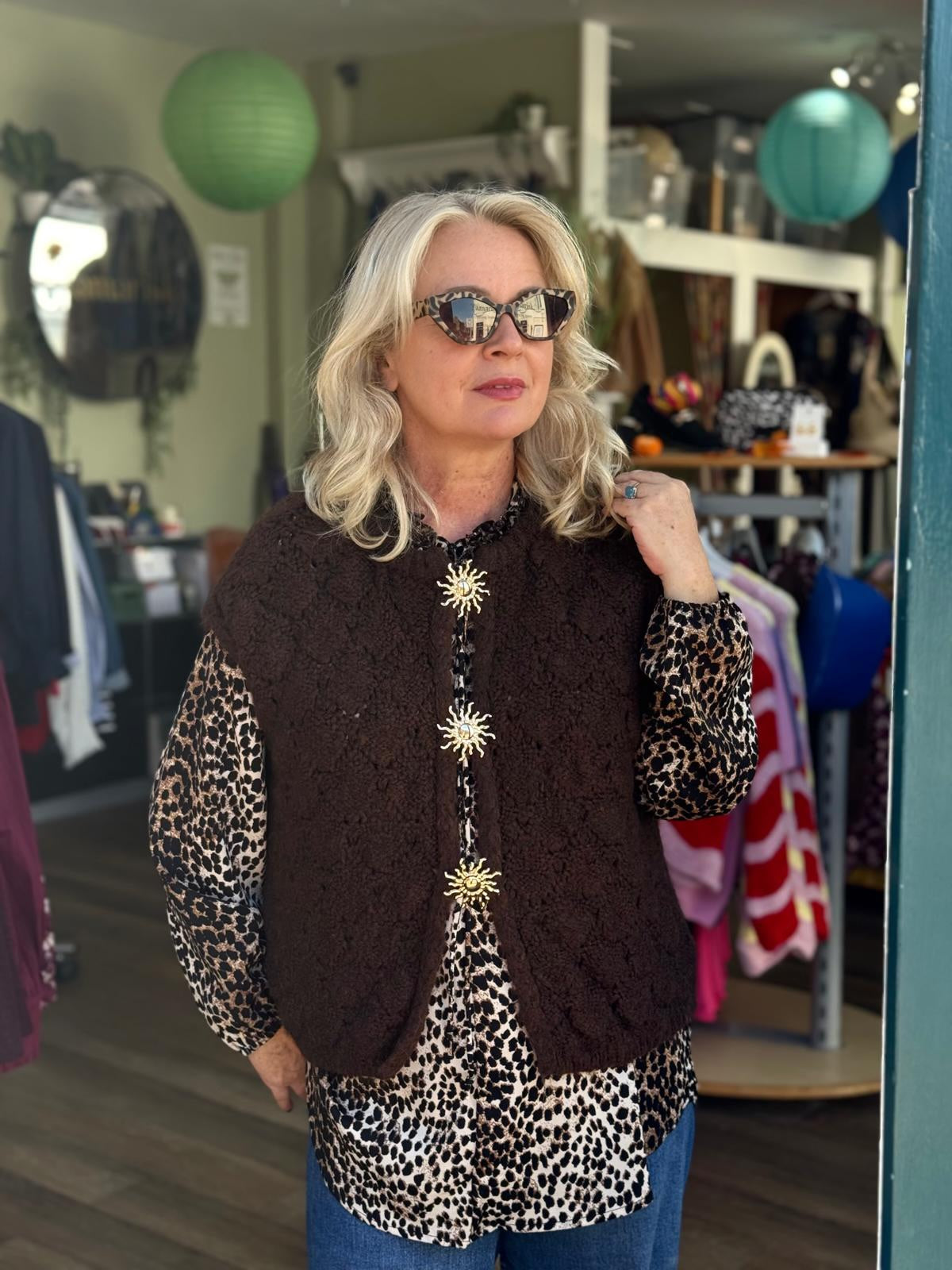 Teresa Pointelle Lace Knit Wool Blend Waistcoat Sweater Vest With Feature Sun Brooch Fastening - Sage Green, Rose Pink Or Chocolate Brown