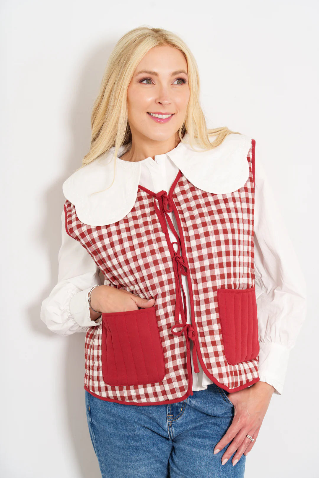 Liselle Quilted Cotton Gingham Gilet Waistcoat - Reversible Red & Cream
