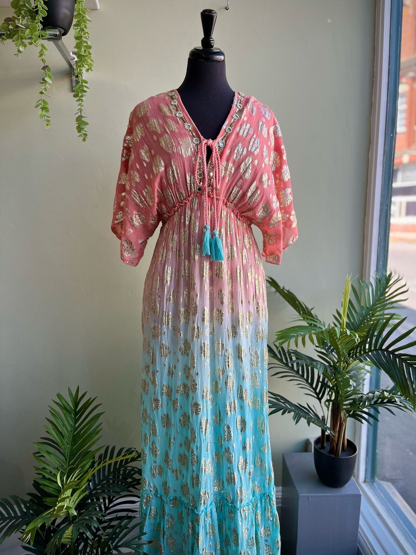 Eva Ombre Foil Boho Embellished Angel Sleeve V Neck Maxi Dress - Peach & Aqua