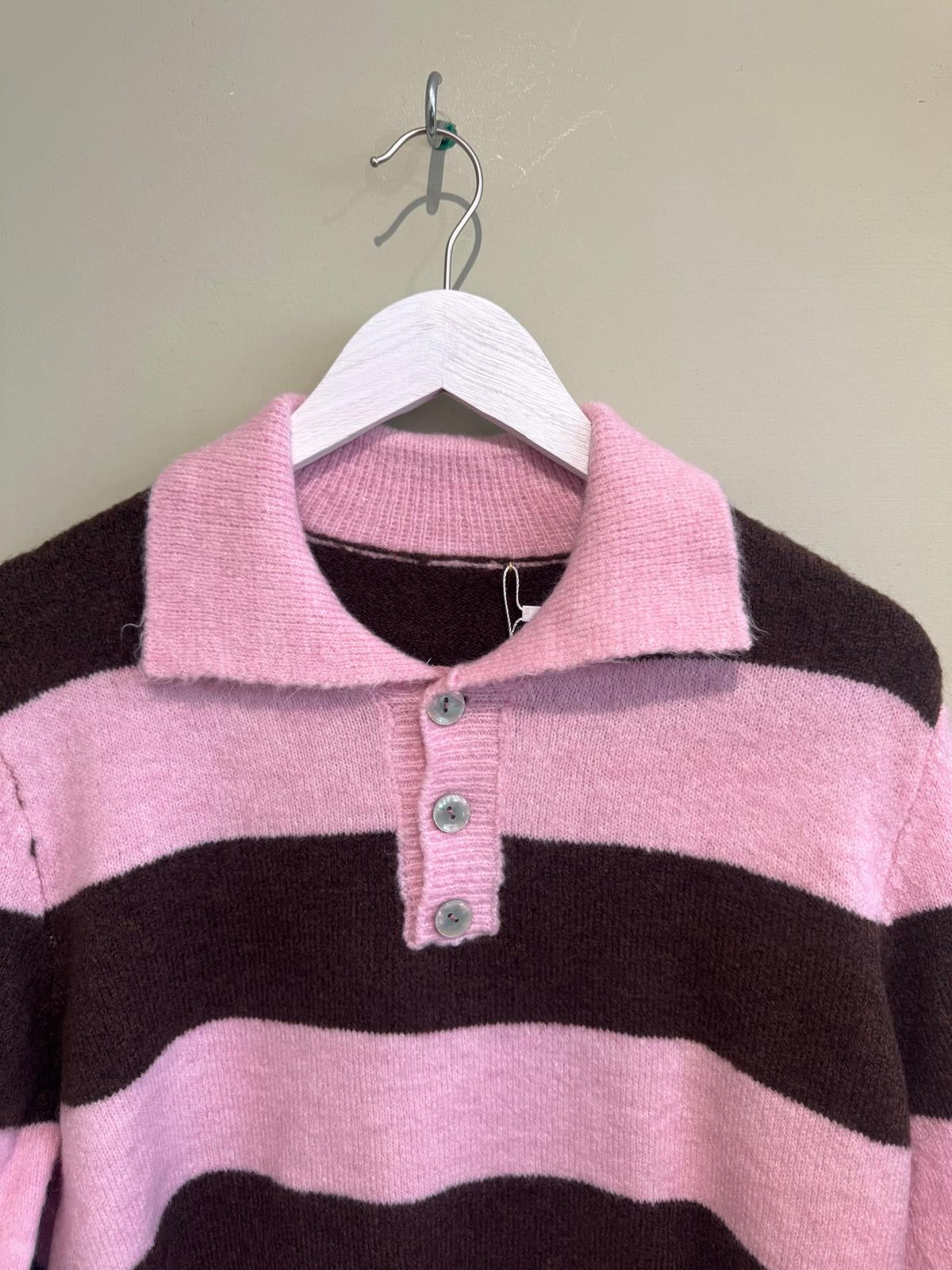 Coleen Striped Wool Blend Women’s Rugby Style Jumper - Pink & Brown Or Burgundy & Brown