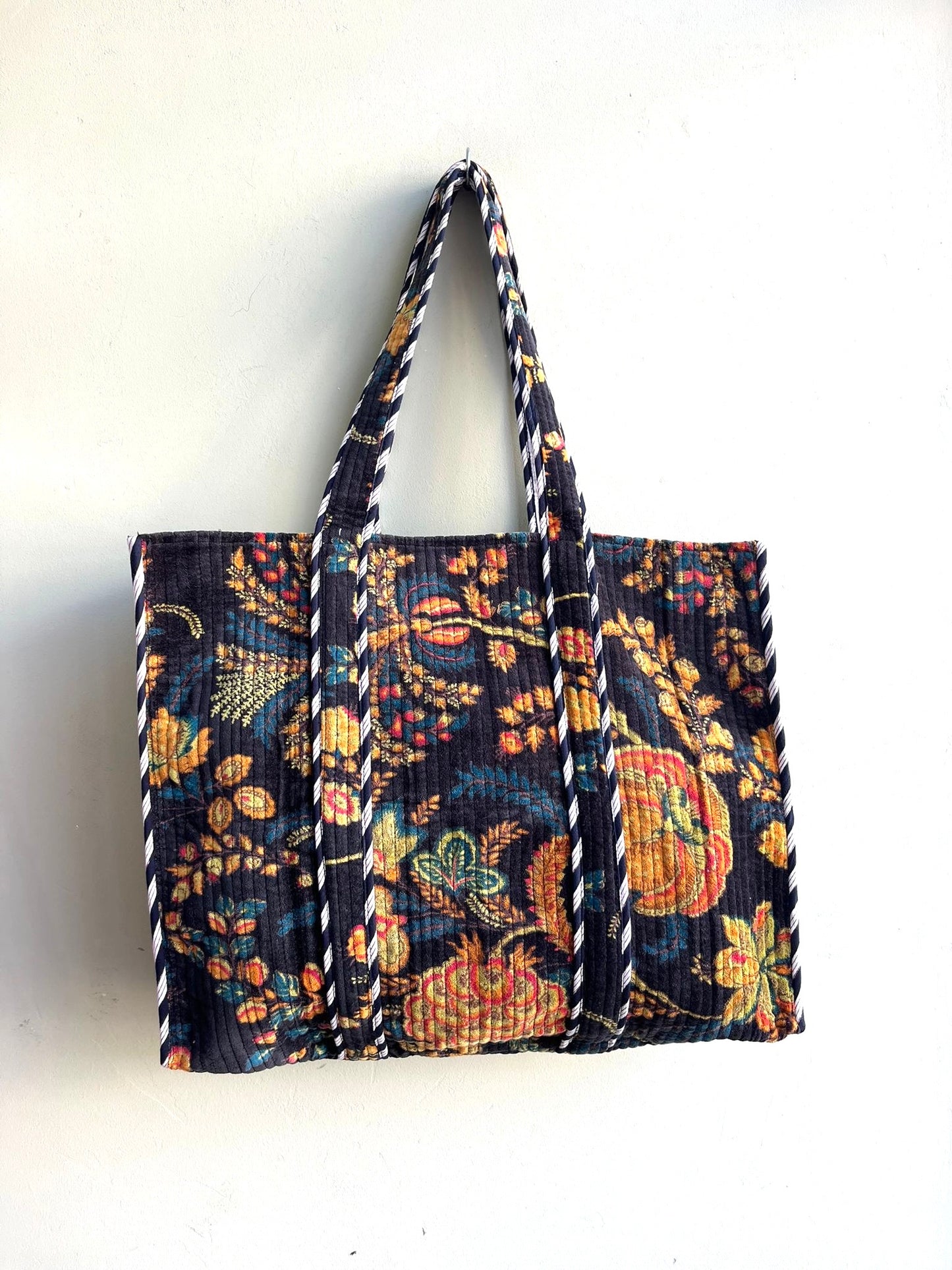 Velvet Kantha Quilted Tote Bag - Autumnal Floral Print - 4 Colours