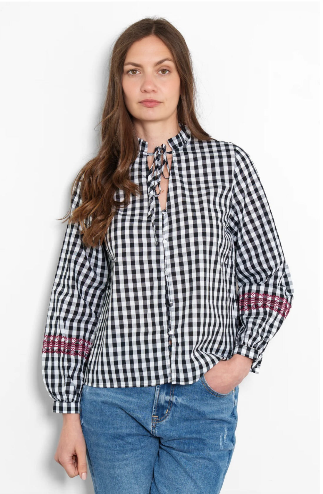 Bonnie Black & White Gingham Embroidered Prairie Shirt