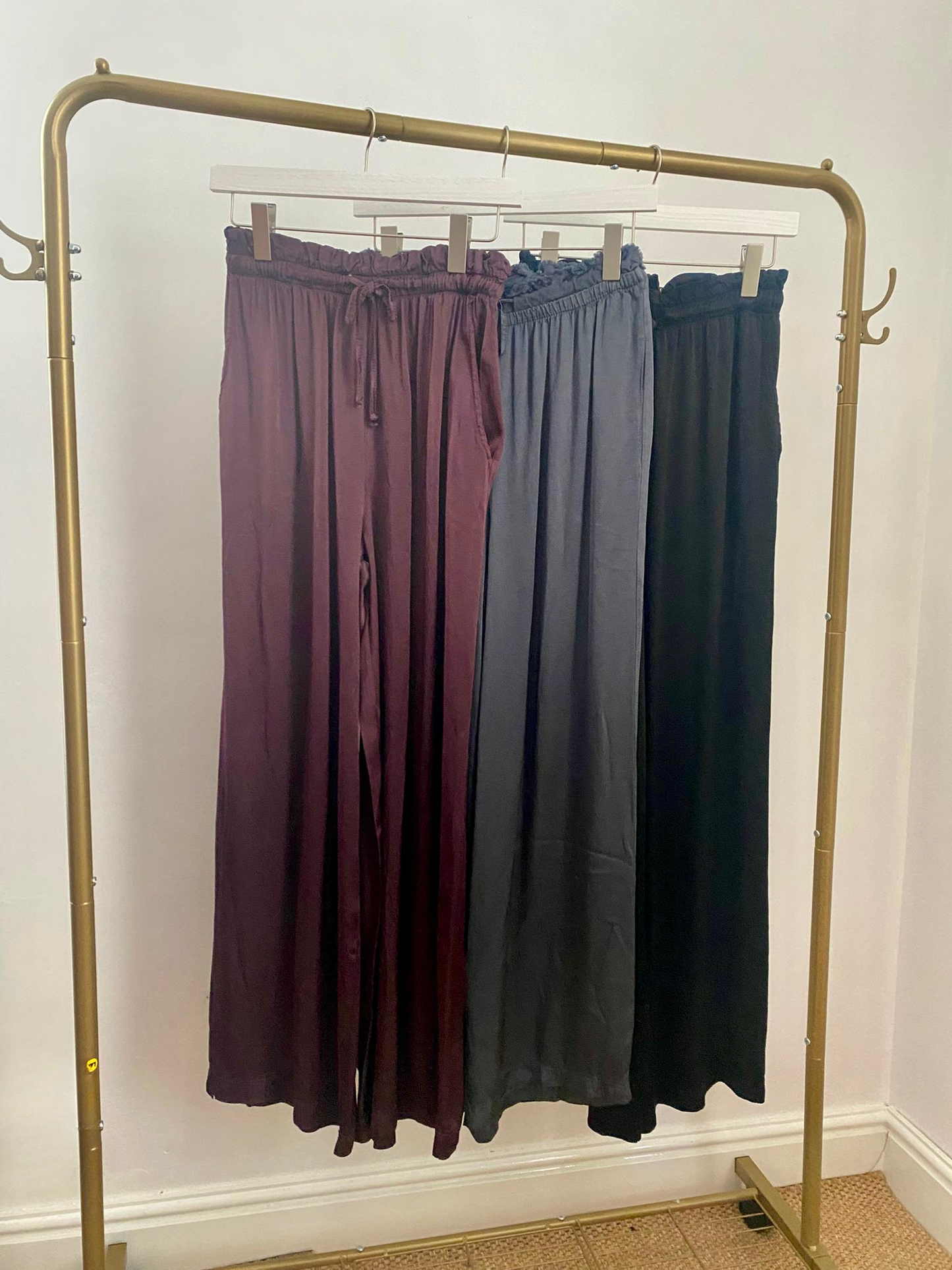 Miranda Wide Leg Slouchy Satin Trousers - Burgundy, Grey or Black