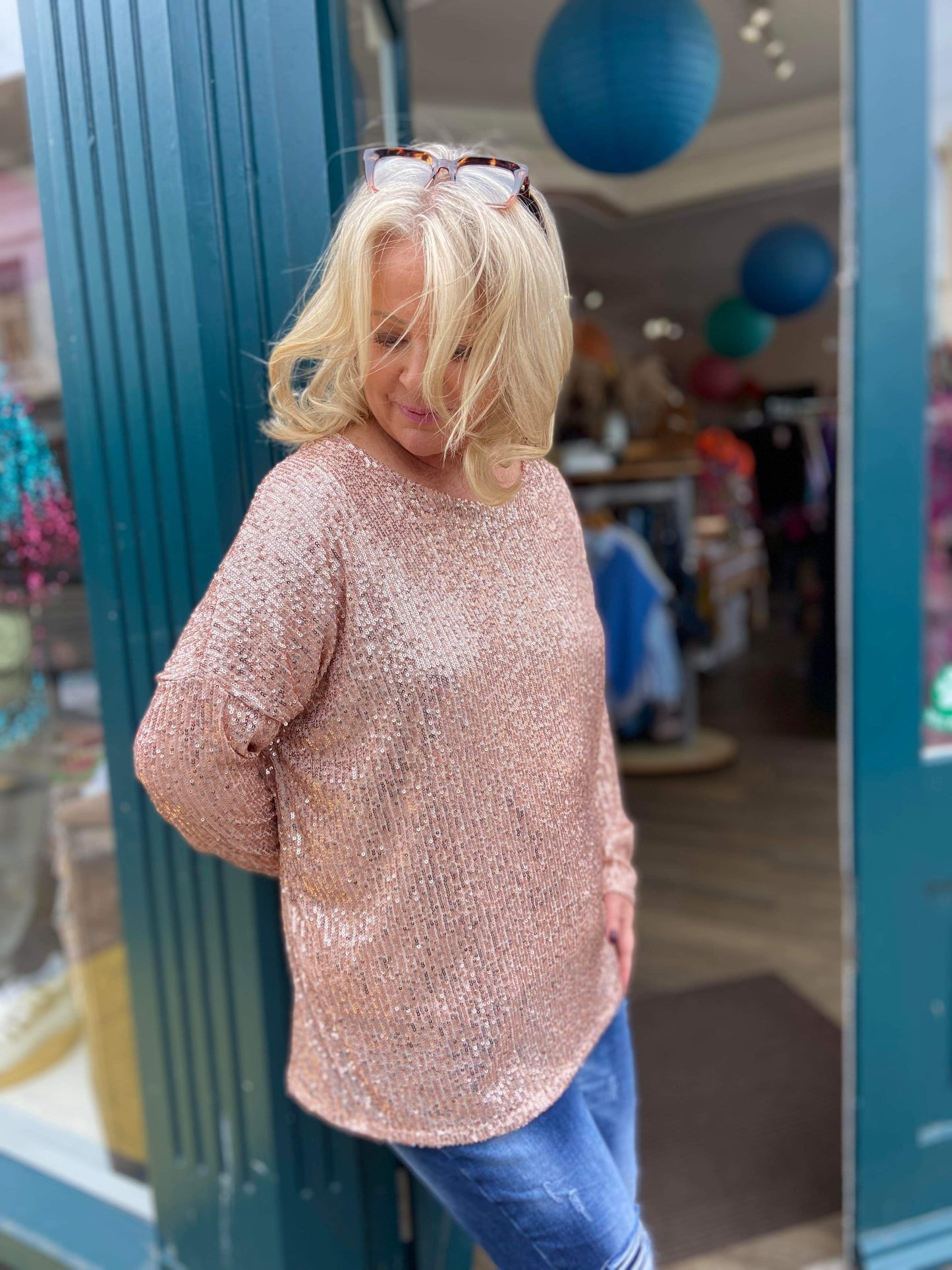 Bianca Sequinned Long Sleeved Slouchy Top - Pale Rose Gold