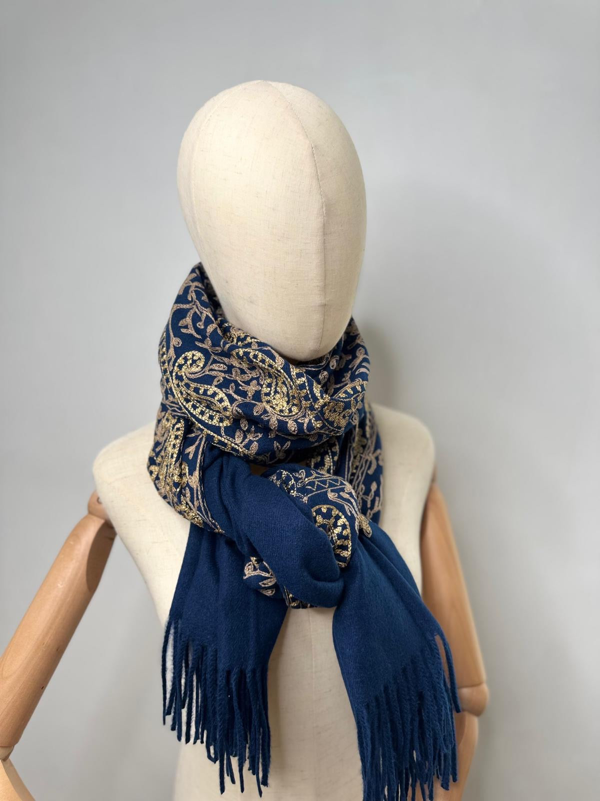 Ursula Gold Embroidered Paisley Design Wool Blend Pashmina Scarf - Black Or Navy