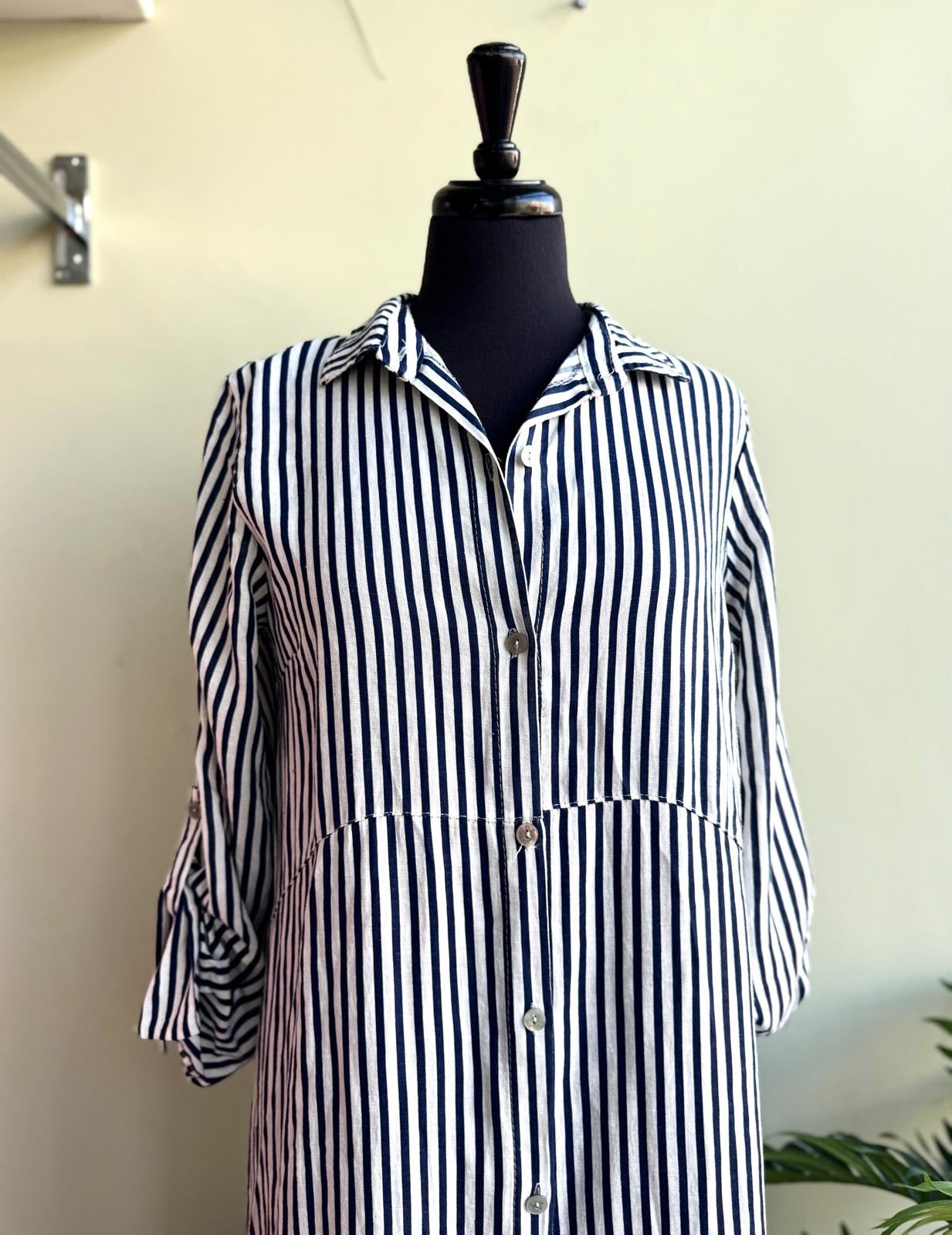 Julia Linen Blend Navy & White Stripe Maxi Shirt Dress