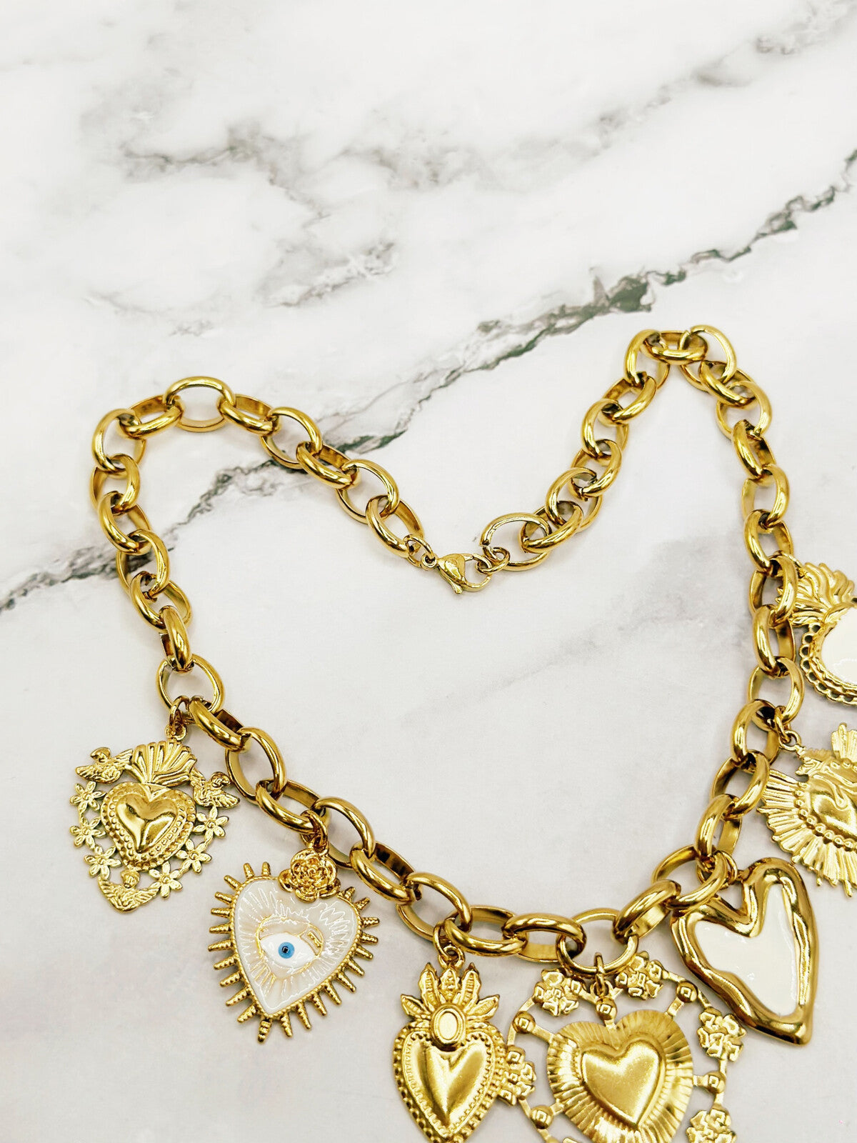 Chunky Gold Sacred Heart Style Charm Necklace