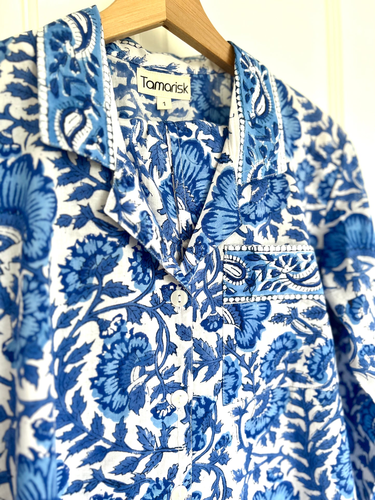 Lillian Hand-Block Printed Indian Cotton Pyjamas- Blue & White