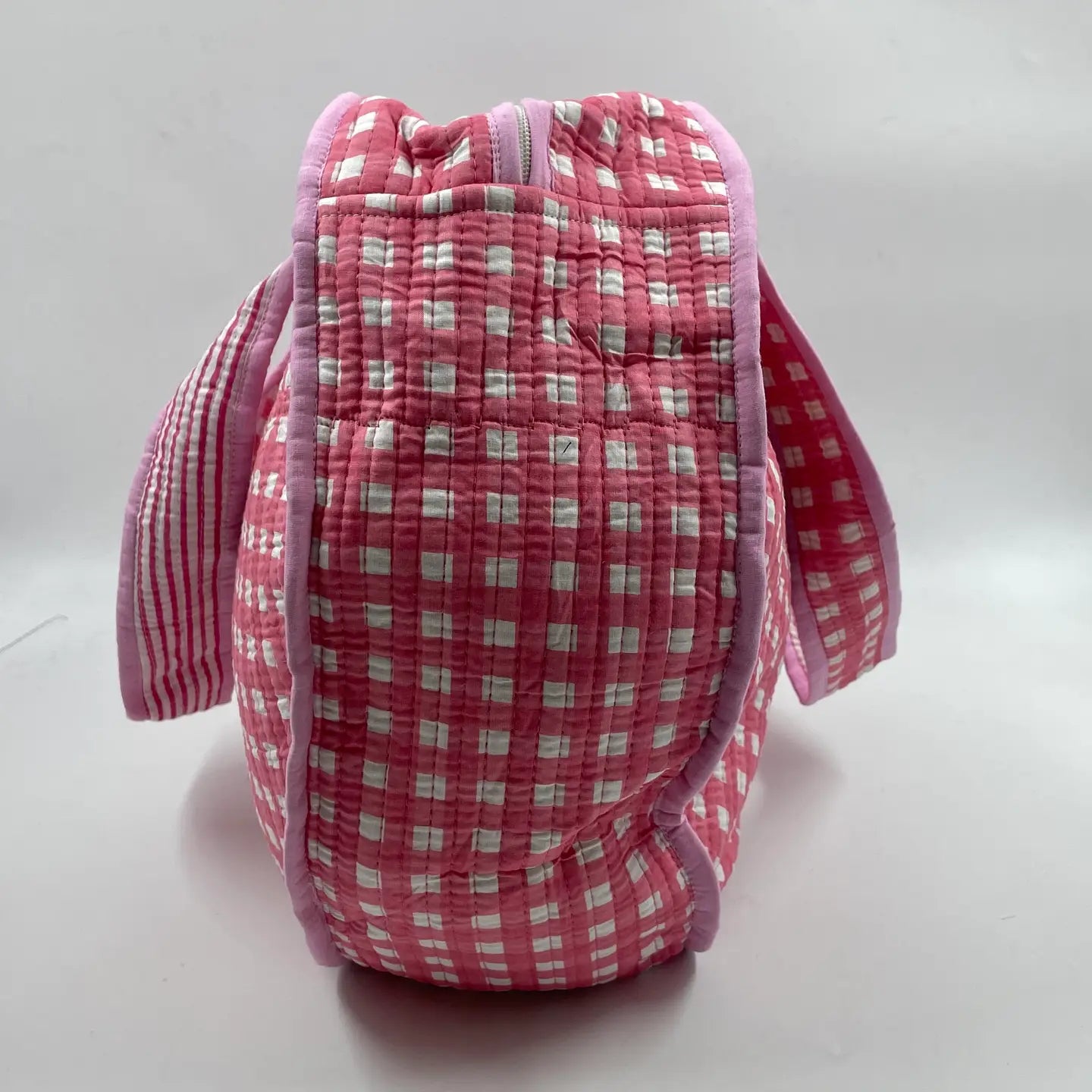Pink Gingham Heart Shaped Cotton Kantha Tote Bag