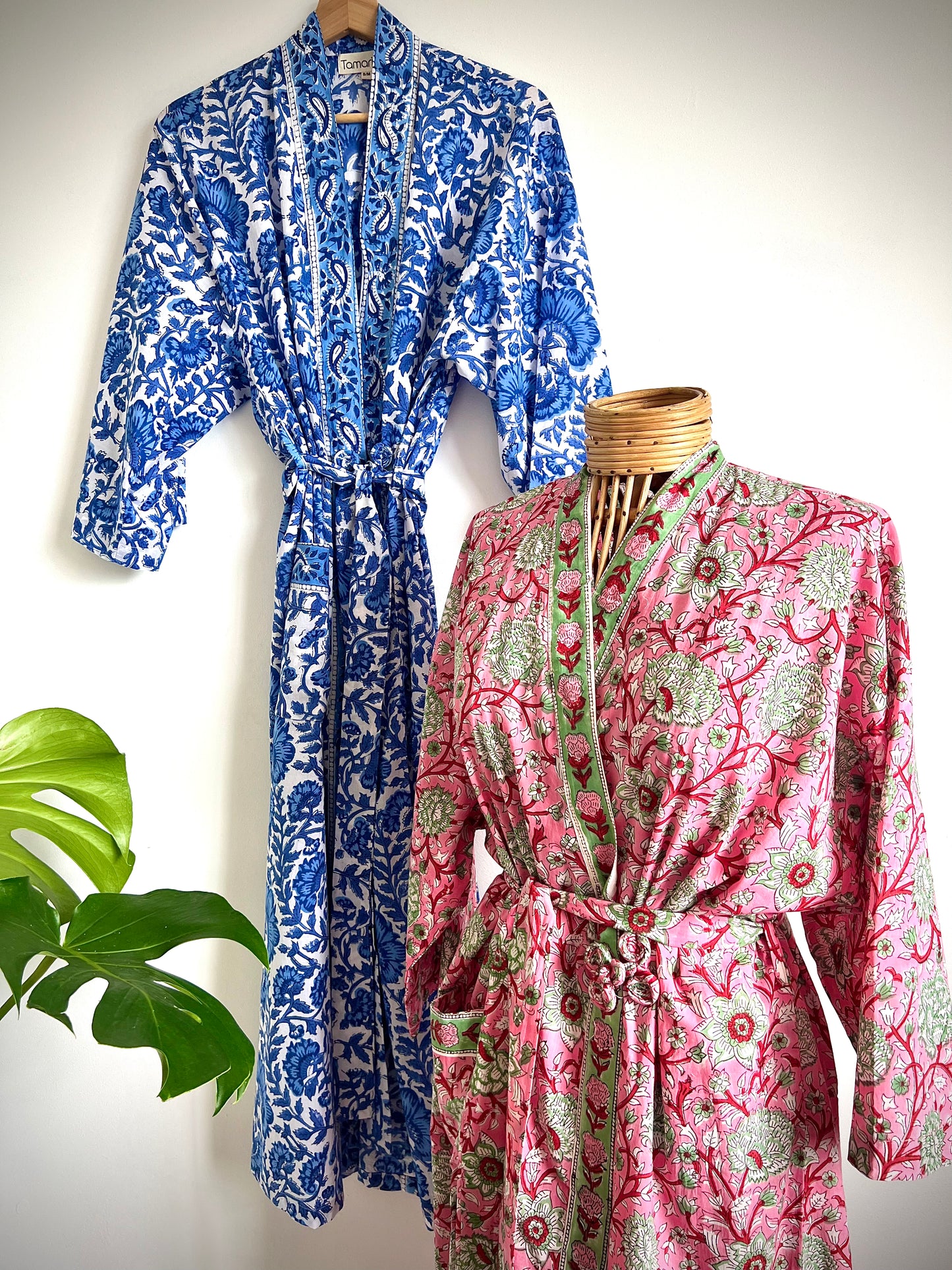 Rosa Hand Block Printed Indian Cotton Dressing Gown Robe - Pink Floral