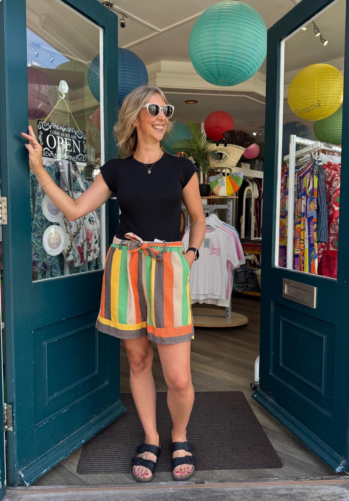 Kirsteen Paper Bag Multi Stripe Heavy Cotton Shorts