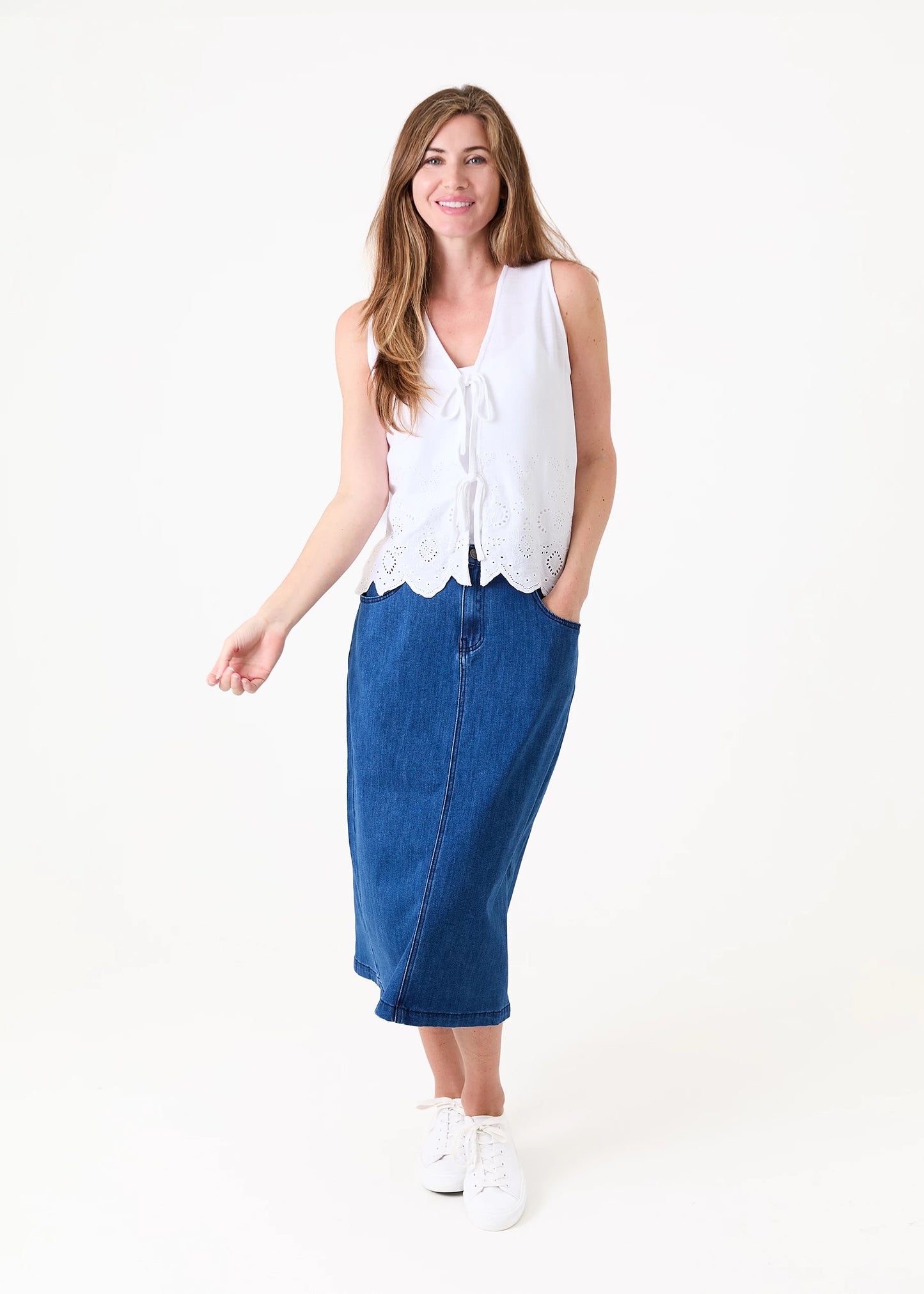 Quinn Broiderie Anglaise Tie Front Waistcoat/ Sleeveless Blouse