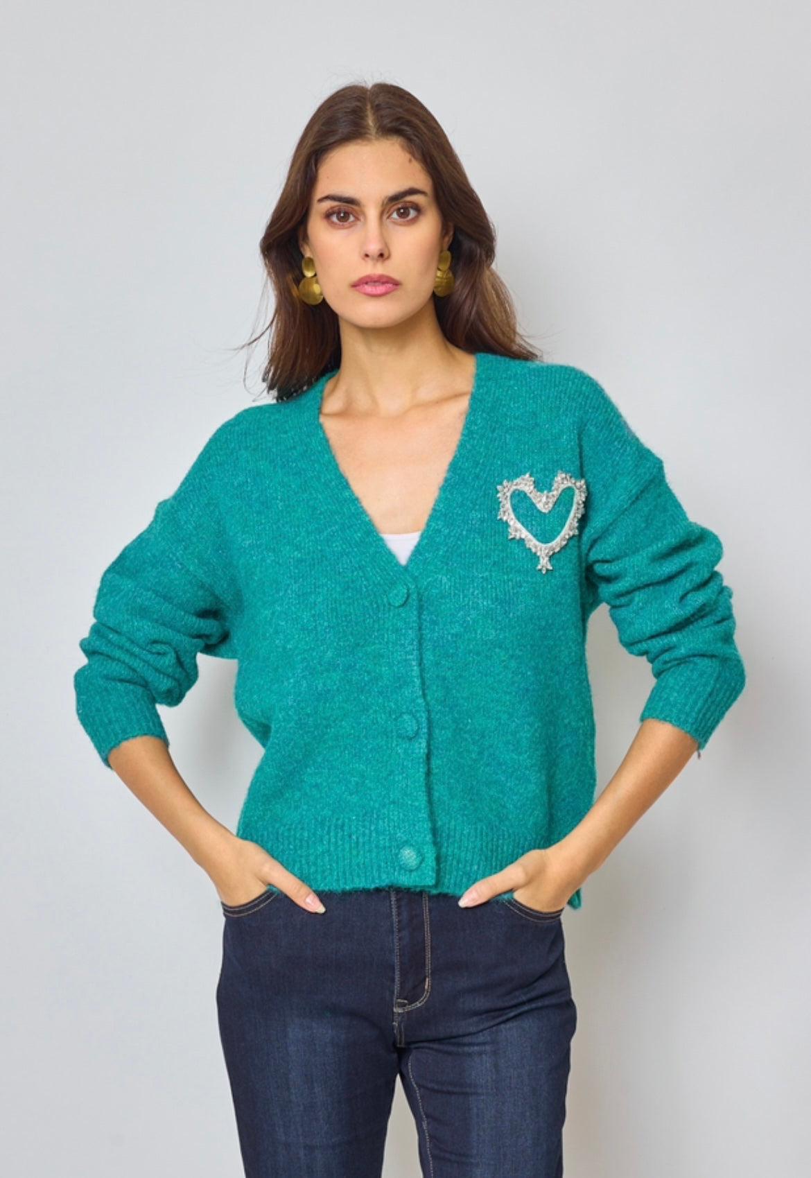 Claudia Crystal Beaded Heart Motif Cardigan - Soft Teal