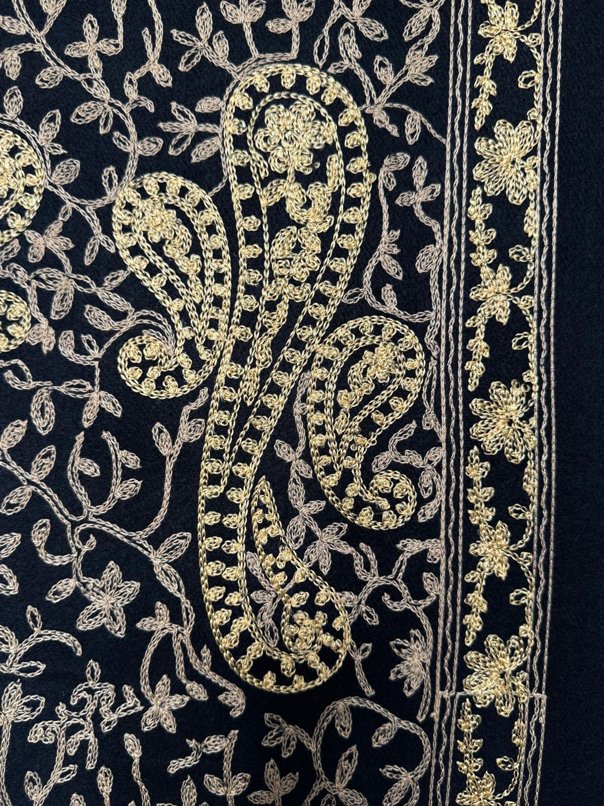 Ursula Gold Embroidered Paisley Design Wool Blend Pashmina Scarf - Black Or Navy