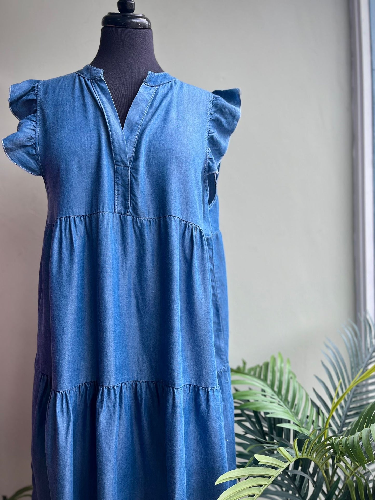 Ramona Tencel Denim Wash Short Tiered Dress With Frill Sleeves