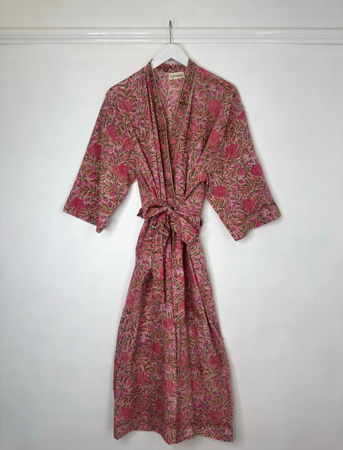 Tamarisk Bazaar Luxury Hand Printed Indian Cotton Robe Dressing Gown - Pink Floral