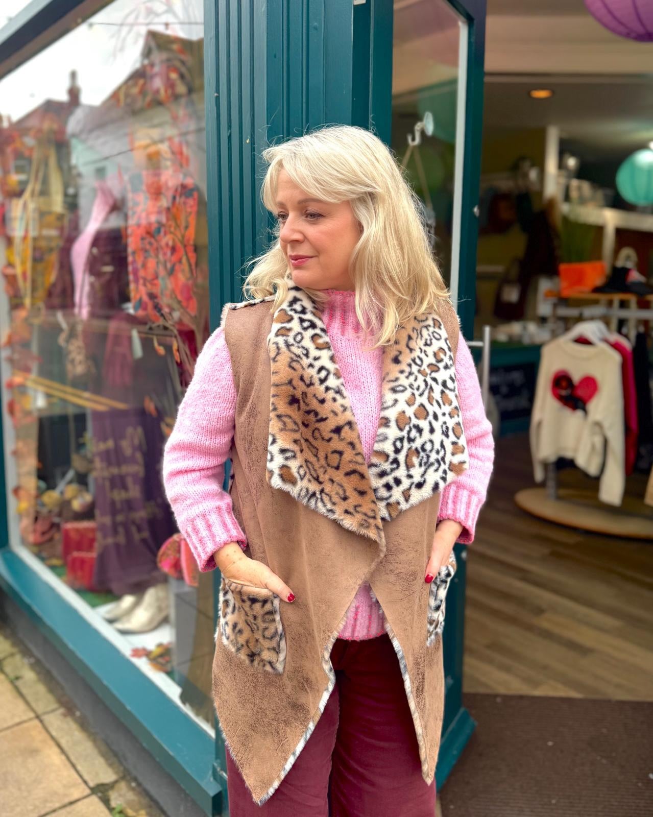 Barbara Faux Shearing/Leopard Print Gilet - Camel