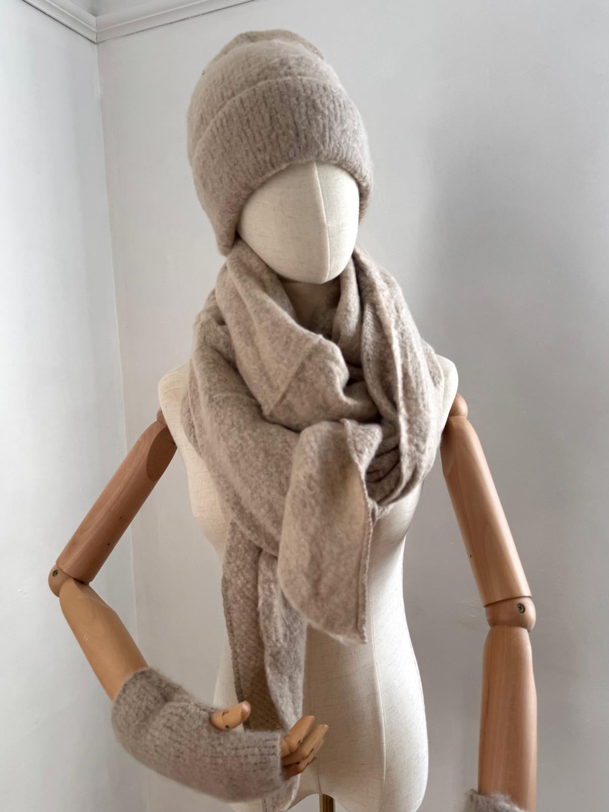 Super Soft Beanie Hat, Blanket Scarf & Fingerless Gloves Set taupe beige