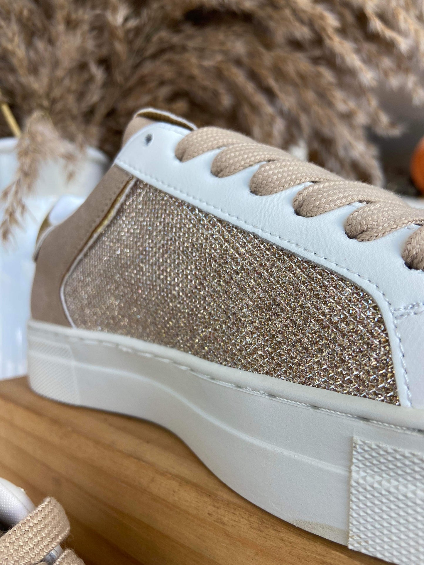 Sheena Neutral Beige Sparkle & Lightning Flash Trainers