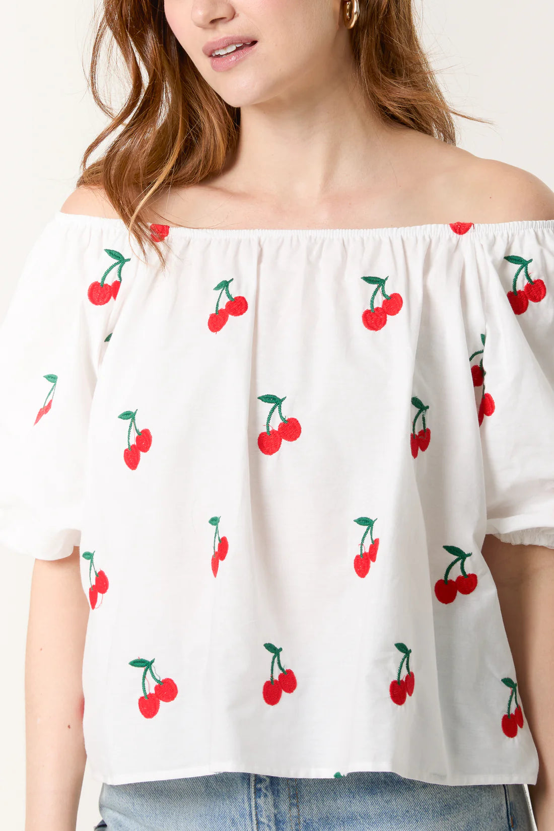 Cherry Bardot Neckline Embroidered Puff Sleeve Top - White