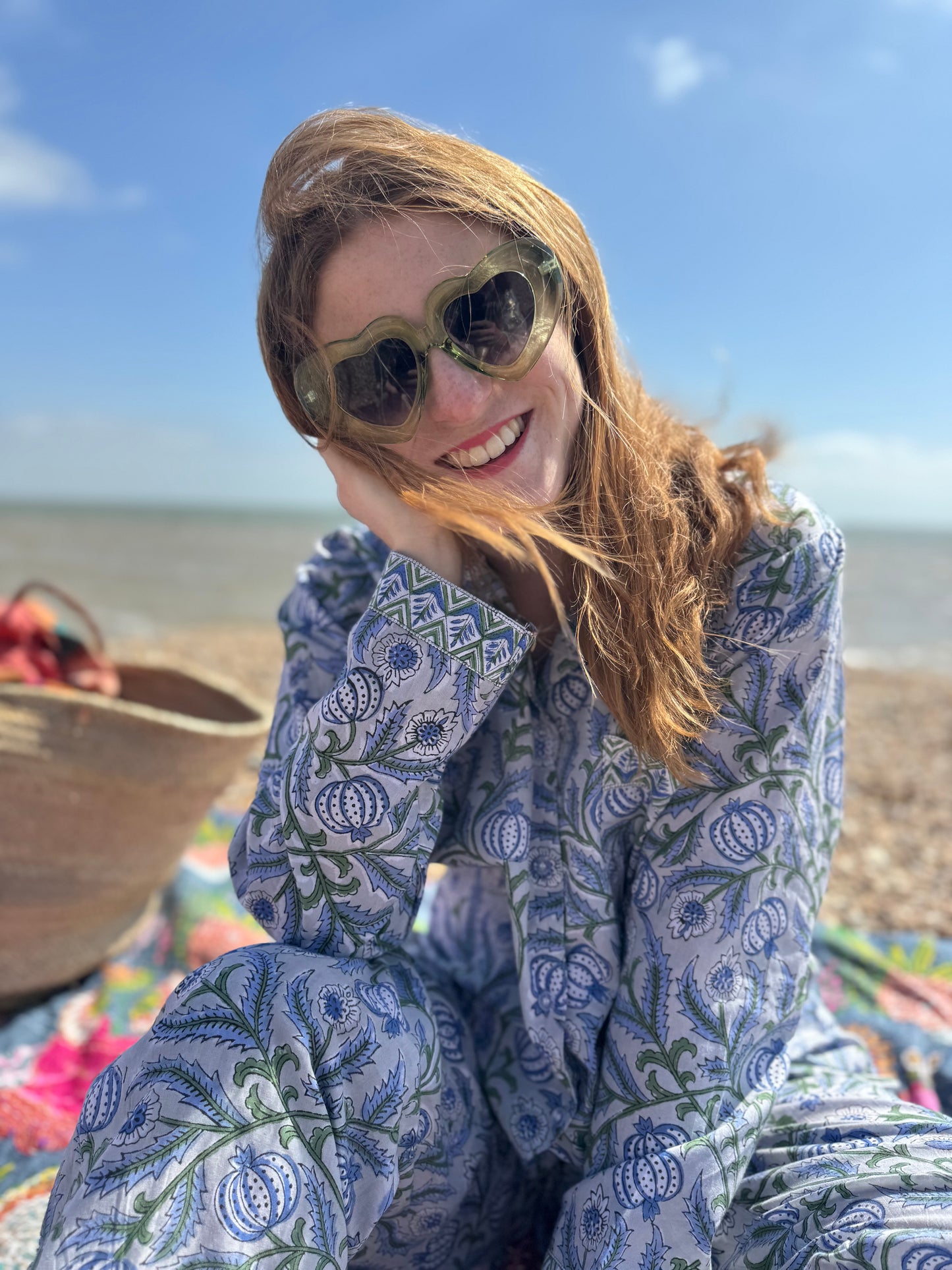 Tamarisk Bazaar Hand Block Printed Indian Cotton Pyjamas- Blue & Grey Floral