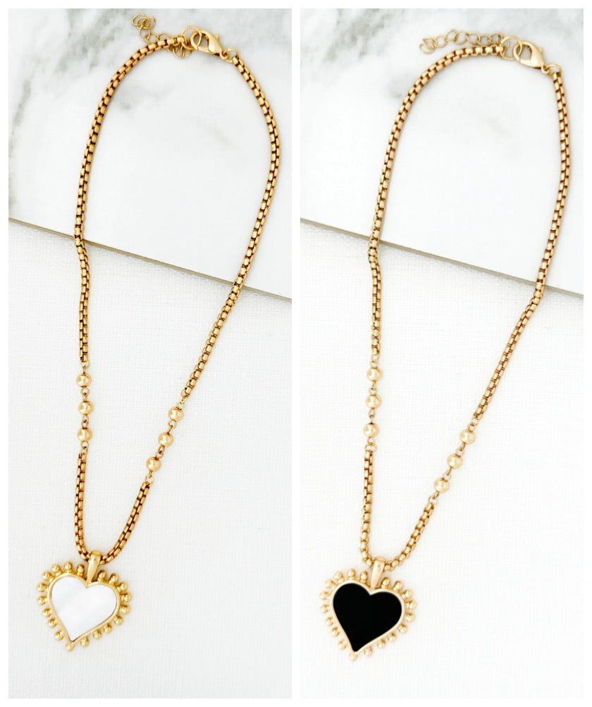 Envy Jewellery Gold Toned Short Necklace With Black Or White Heart Pendant