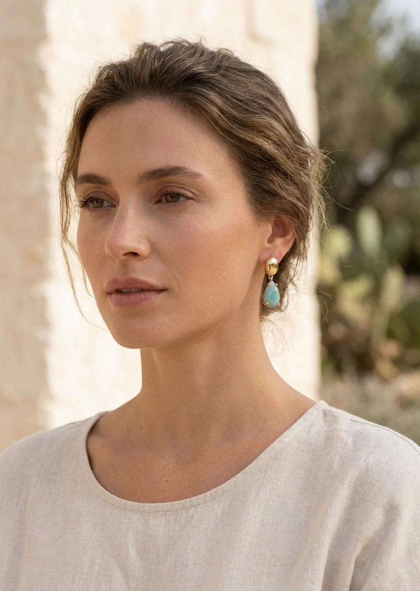 Envy Jewellery Gold Drop Earrings With Sea Green Agate Stone