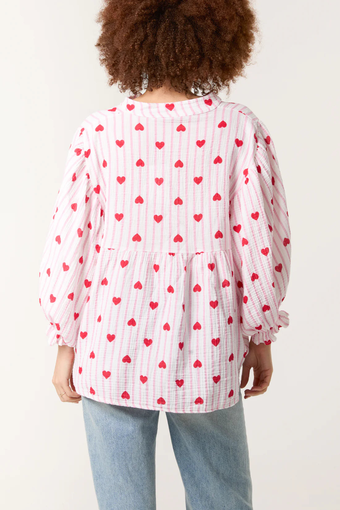 Tamarisk Curve Cotton Cheesecloth Blouse - Blue & White Or Pink & White With Hearts