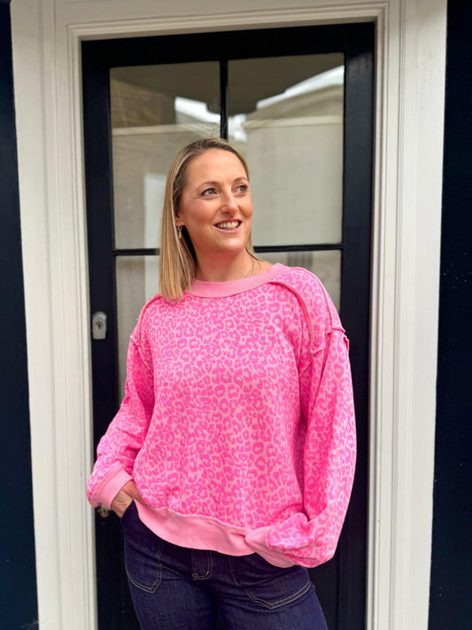 Bright pink leopard print sweatshirt women’s