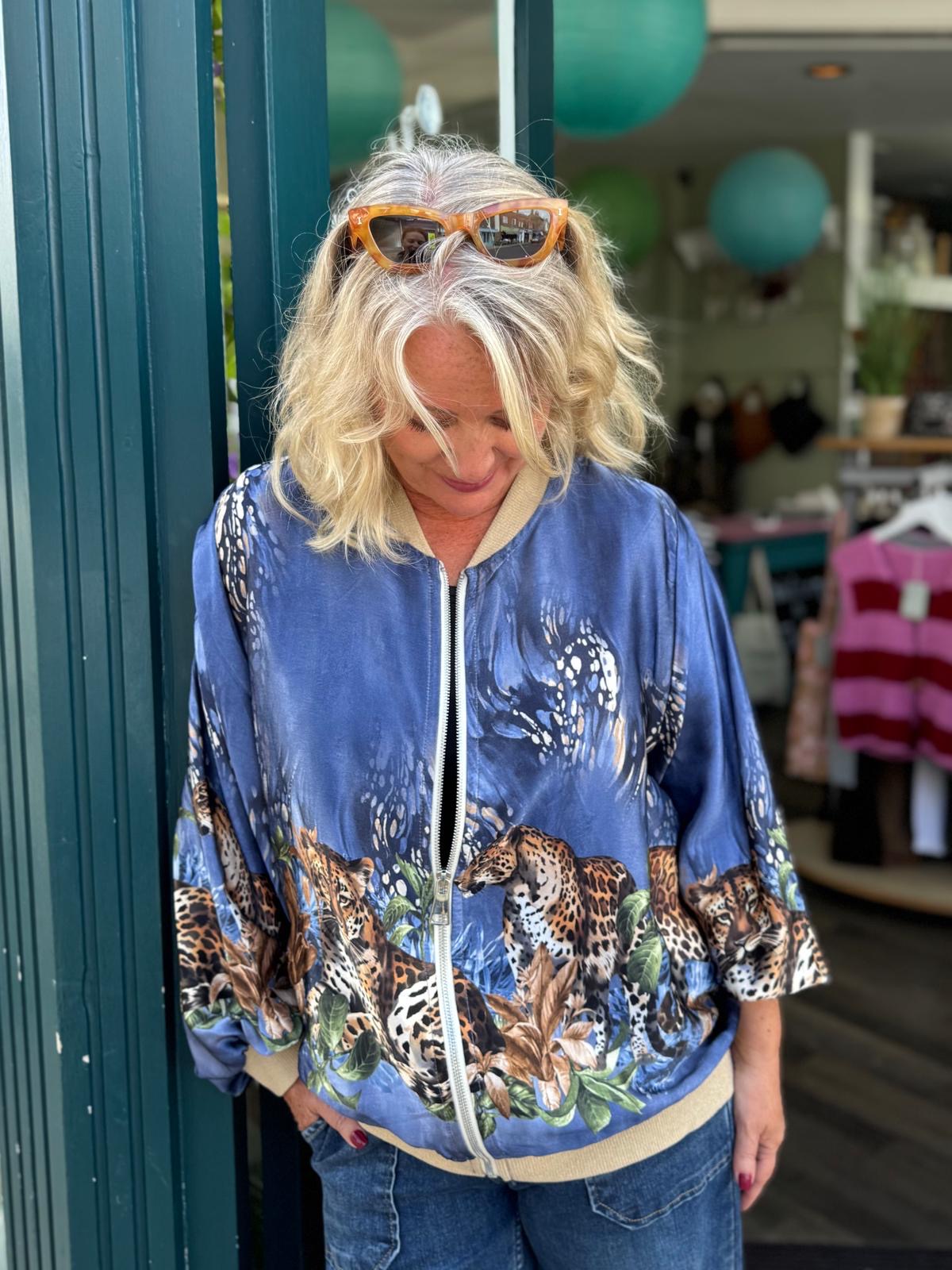 Pippa Safari Print Satin Bomber Jacket - Blue Or Khaki