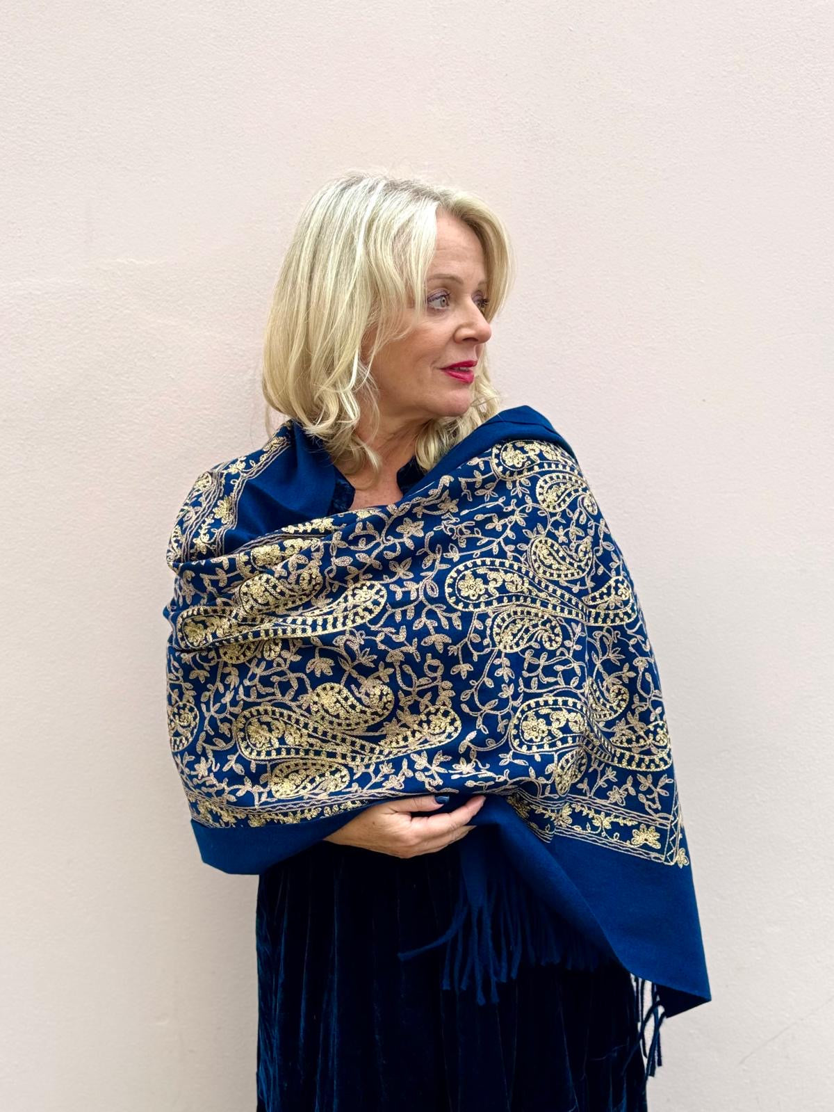 Ursula Gold Embroidered Paisley Design Wool Blend Pashmina Scarf - Black Or Navy