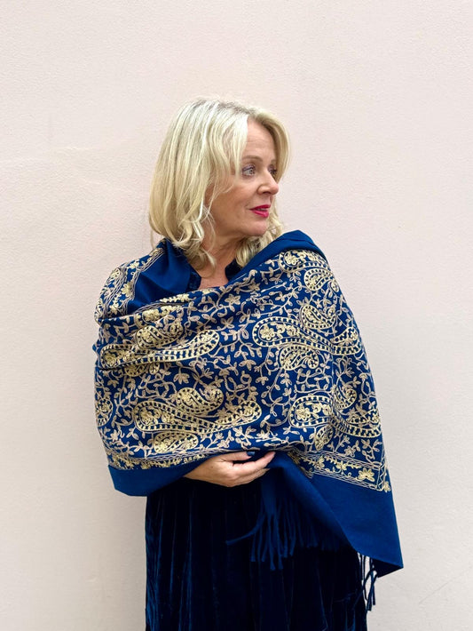 Ursula Gold Embroidered Paisley Design Wool Blend Pashmina Scarf - Black Or Navy