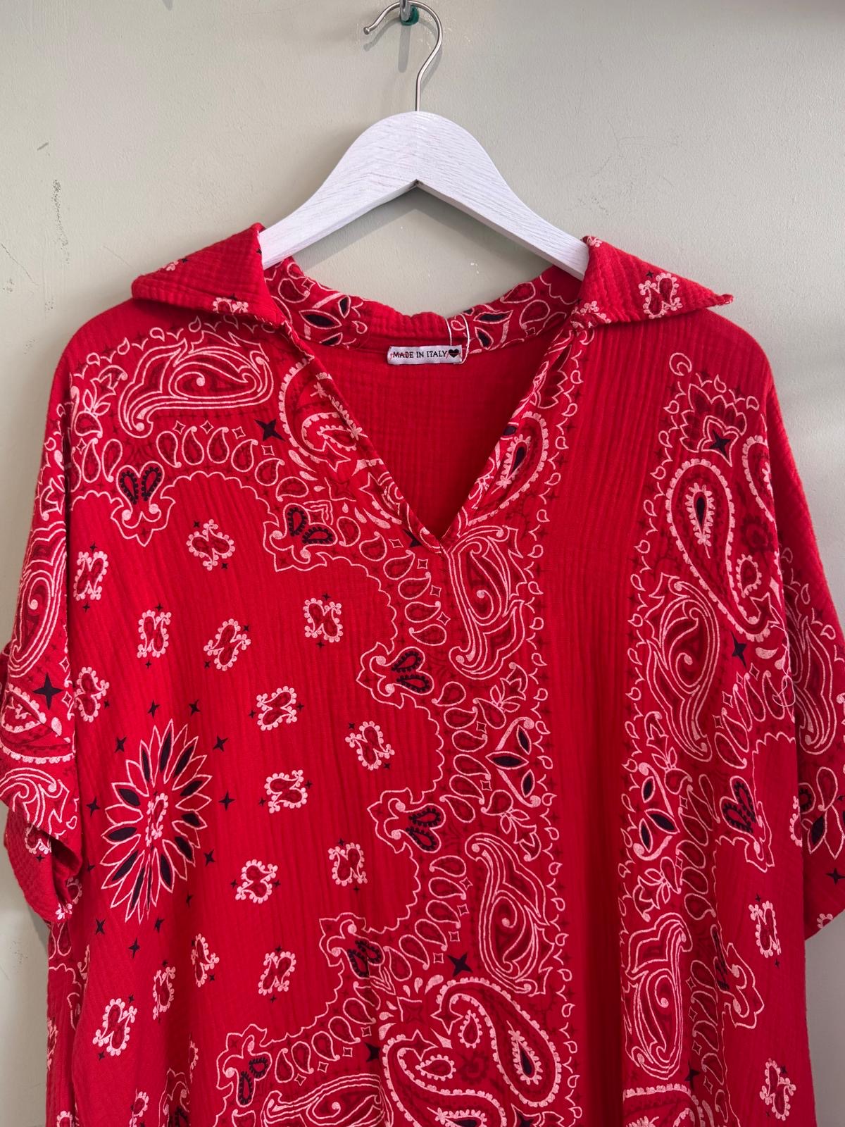 Tara Red Bandana Print Cotton Cheesecloth Midi Dress