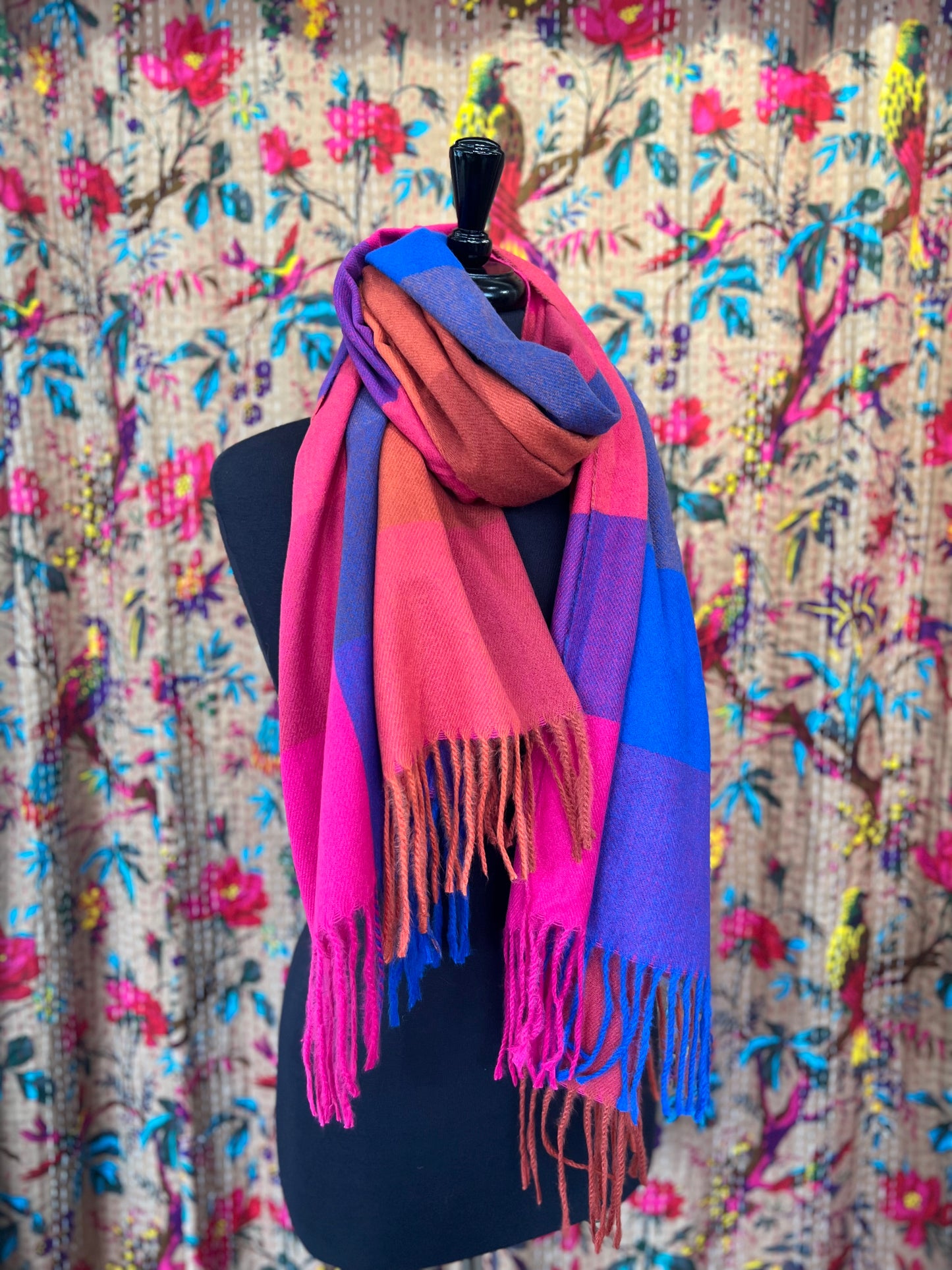 Checked Wool Mix Pashmina Scarf - Winter Brights