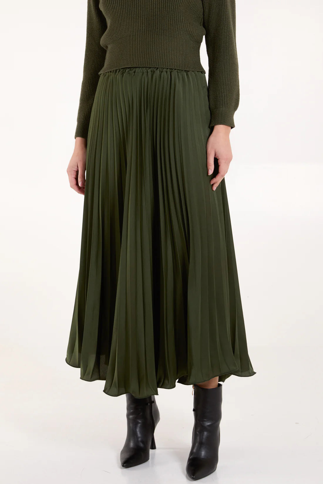 Liza Satin Pleated Maxi Skirt - Chocolate Brown, Wine Or Khaki