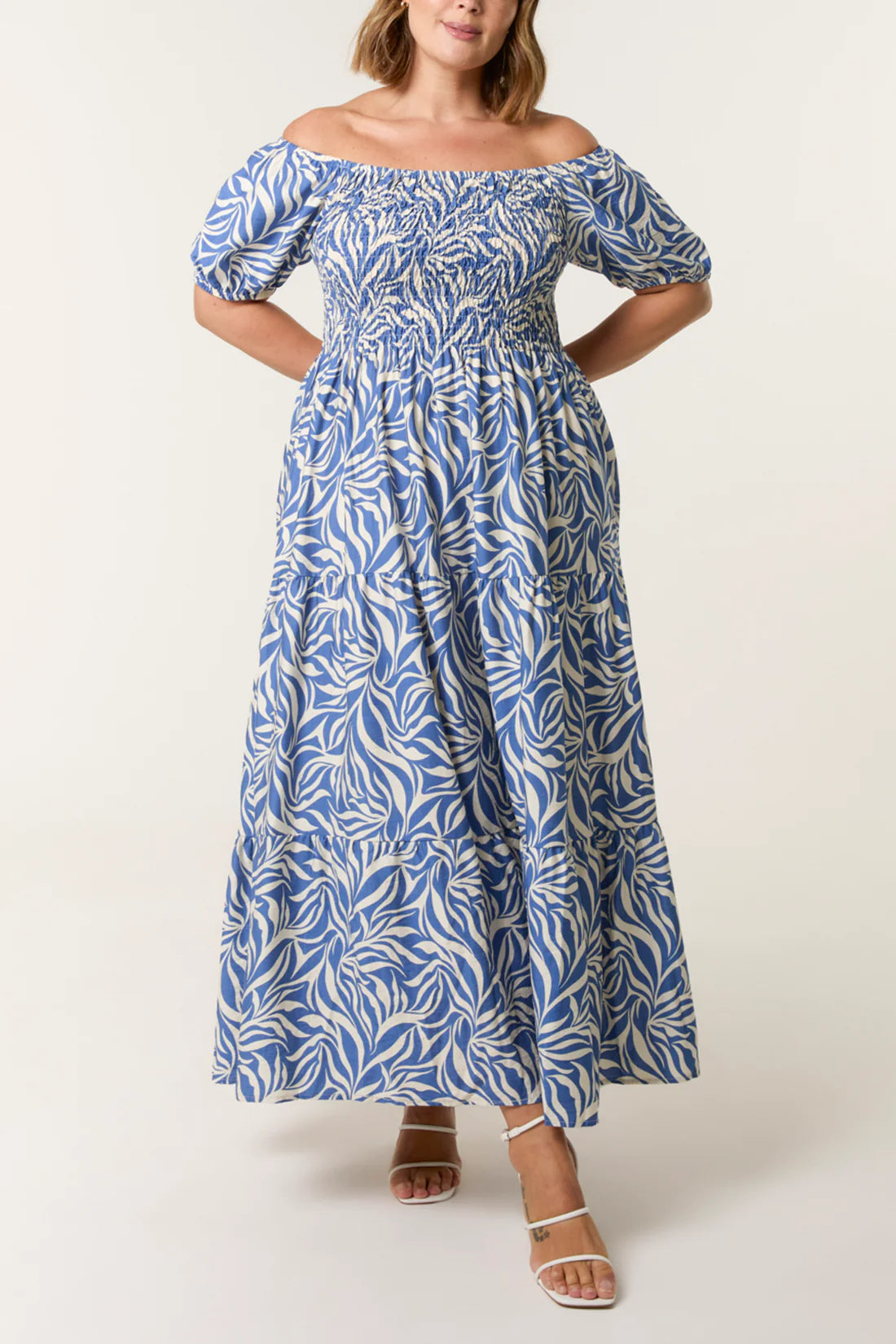 Tamarisk Curve Shirred Bodice Bardot Dress - Blue Botanical Print