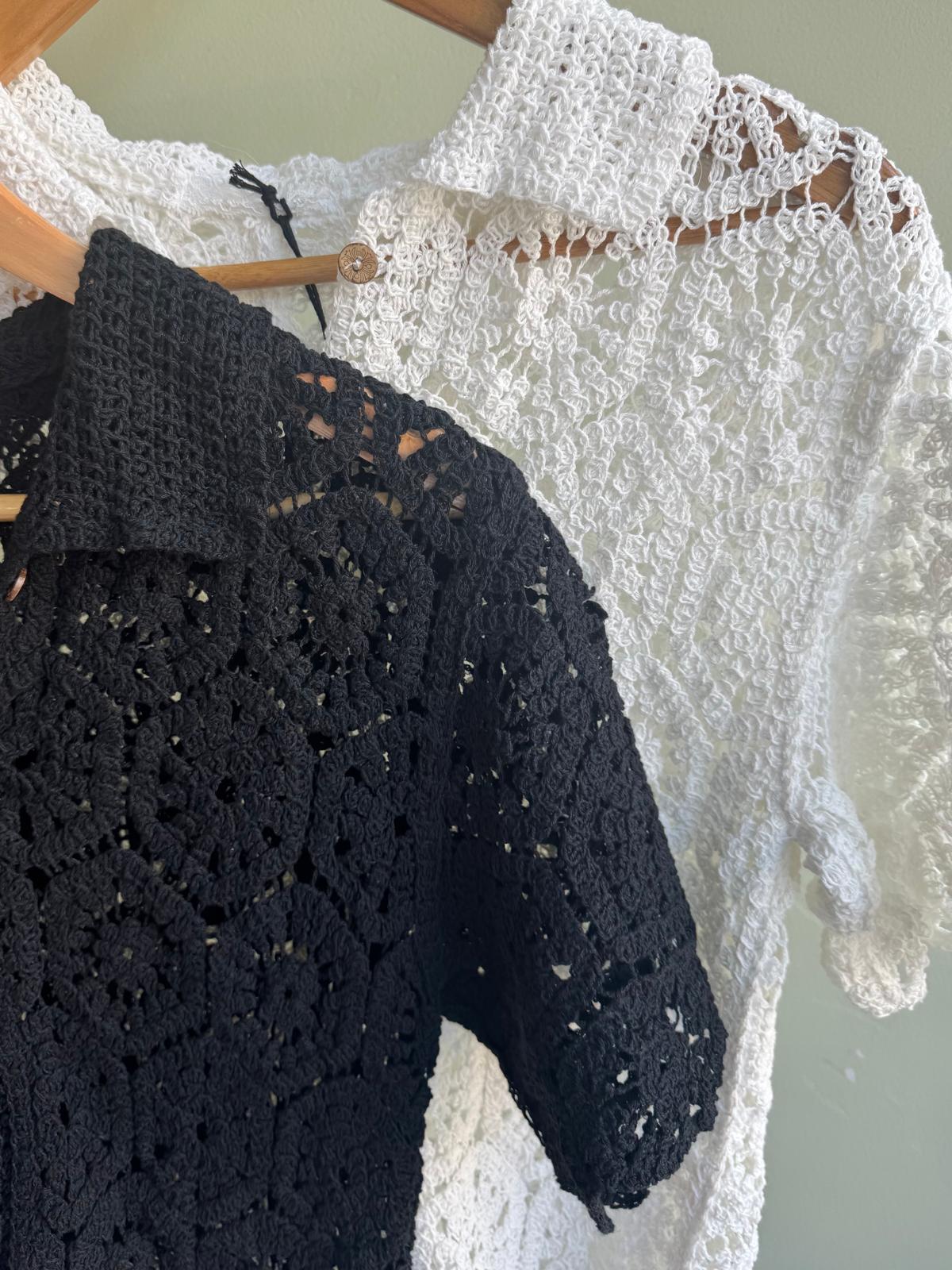 Sylvie Retro Style Short Sleeve Crochet Shirt 3 Colours