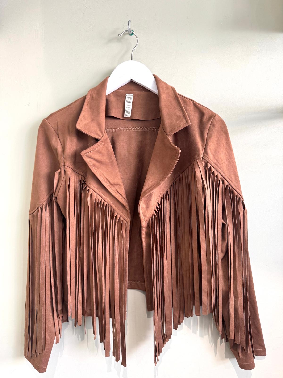 Lauren Boho Faux Suede Fringed Biker Jacket - Tan Brown Or Burgundy Wine